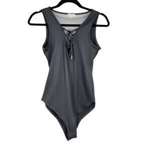 POL Gray Front Tie Sleeveless Snap Front Bodysuit - Small